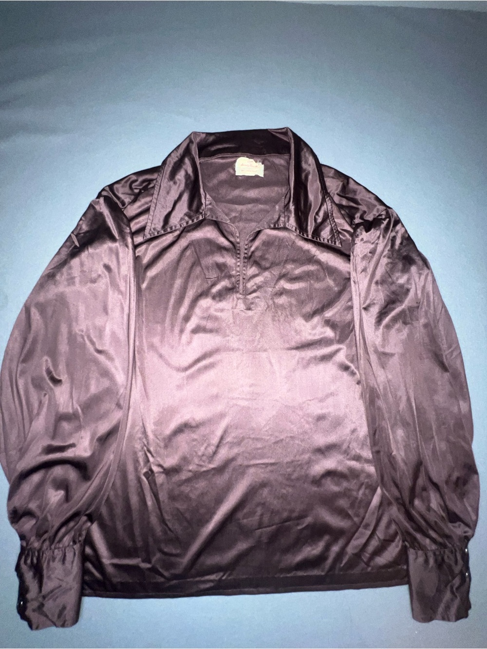 Vintage Handmade brown Satin Disco Shirt Long Sleeve Point Collar Men's L